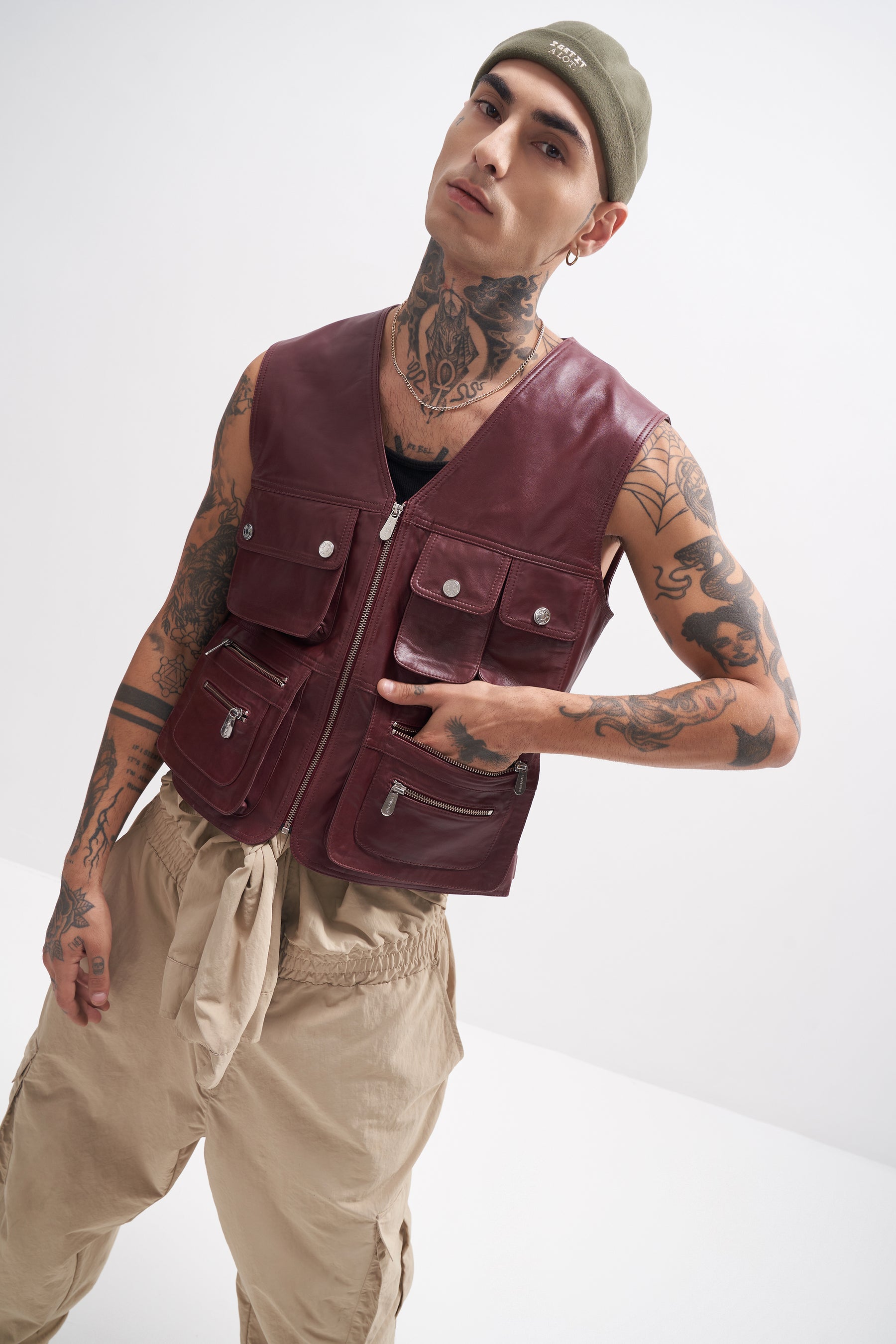 Xavier - Leather Utility Gilet - Wine