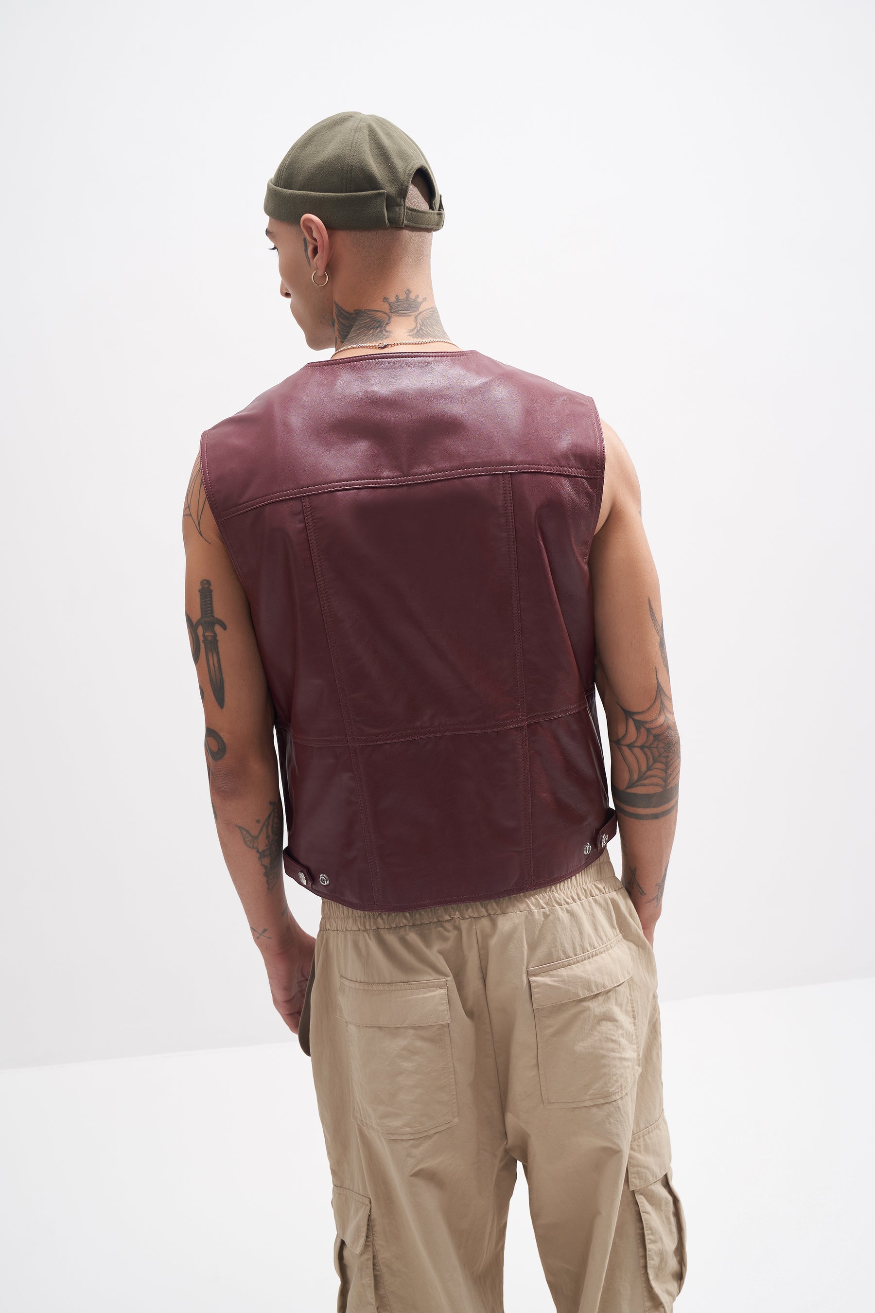 Xavier - Leather Utility Gilet - Wine