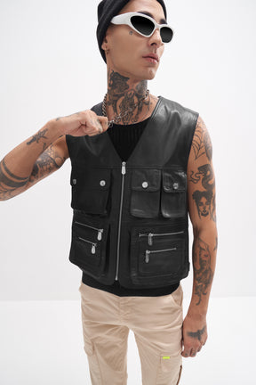 Xavier - Leather Utility Gilet - Black