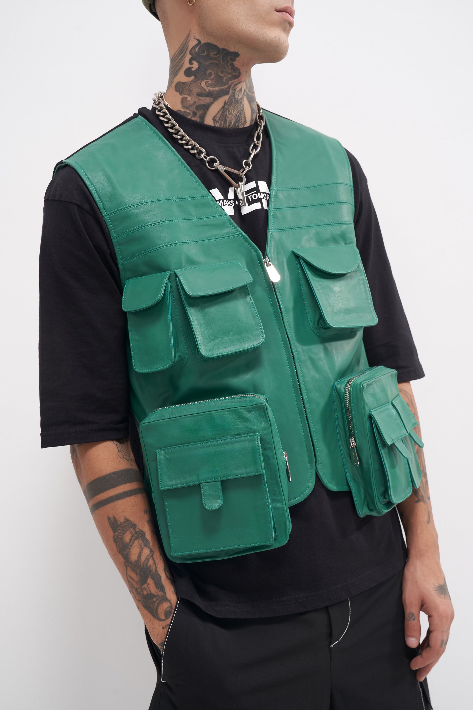 Rasmus - Unisex Technical Leather Gilet - Green/Black