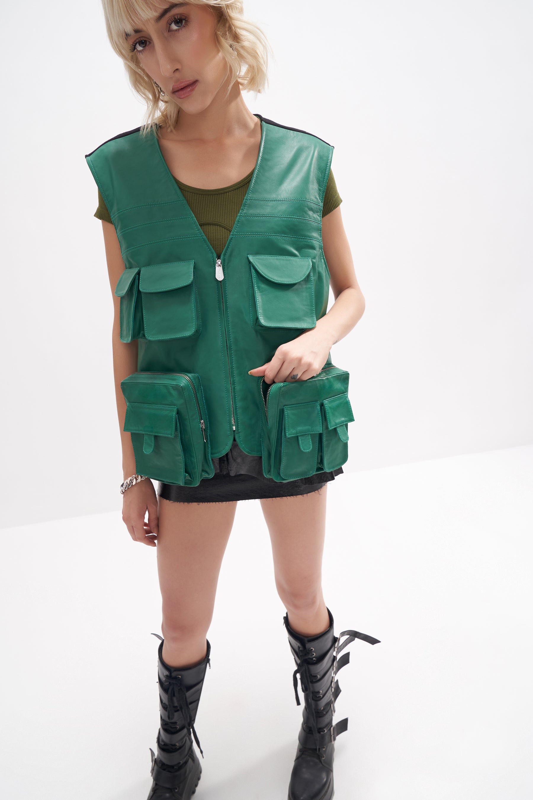 Rasmus - Unisex Technical Leather Gilet - Green/Black