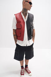 Edur - Leather Utility Gilet - Red/Black