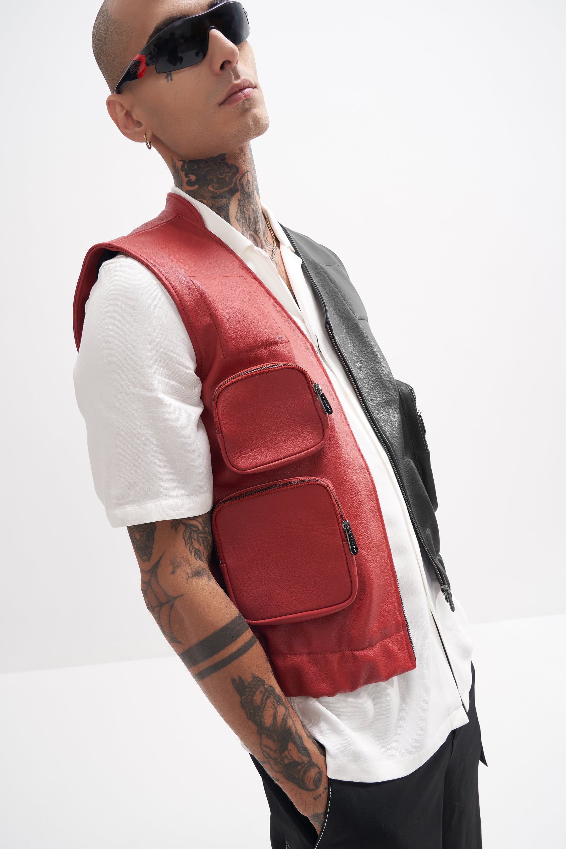 Edur - Leather Utility Gilet - Red/Black