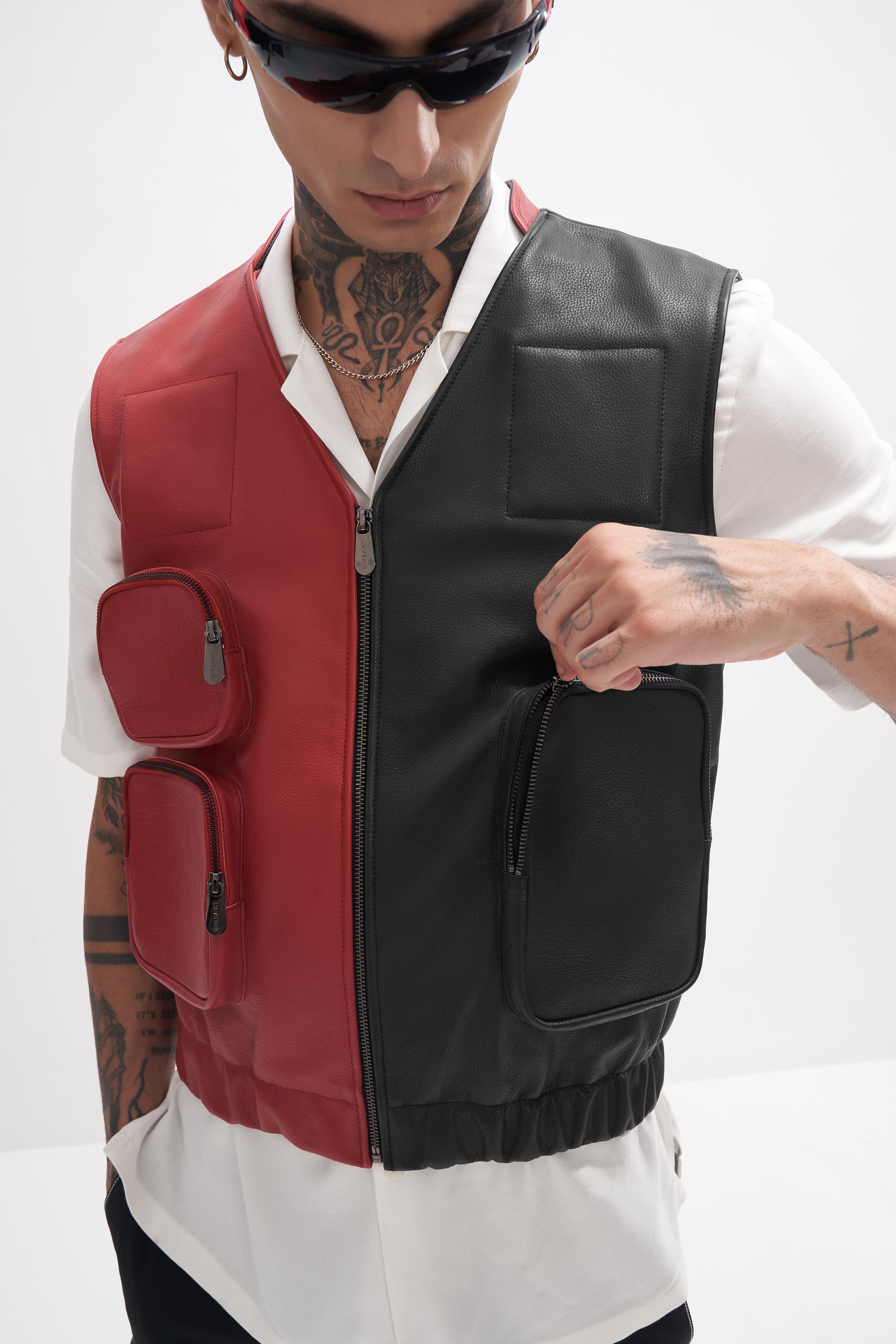 Edur - Leather Utility Gilet - Red/Black