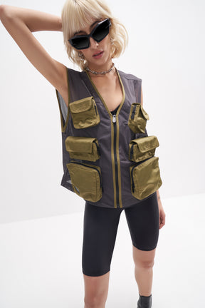 Uno - Unisex Mesh Nylon Utility Gilet - Grey & Khaki