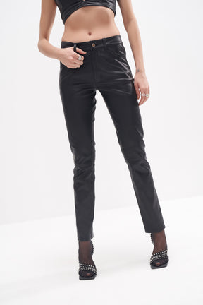 Issa - Five Pocket Stretch Leather Jeans - Black