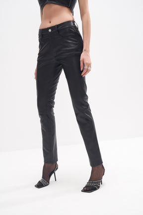 Issa - Five Pocket Stretch Leather Jeans - Black