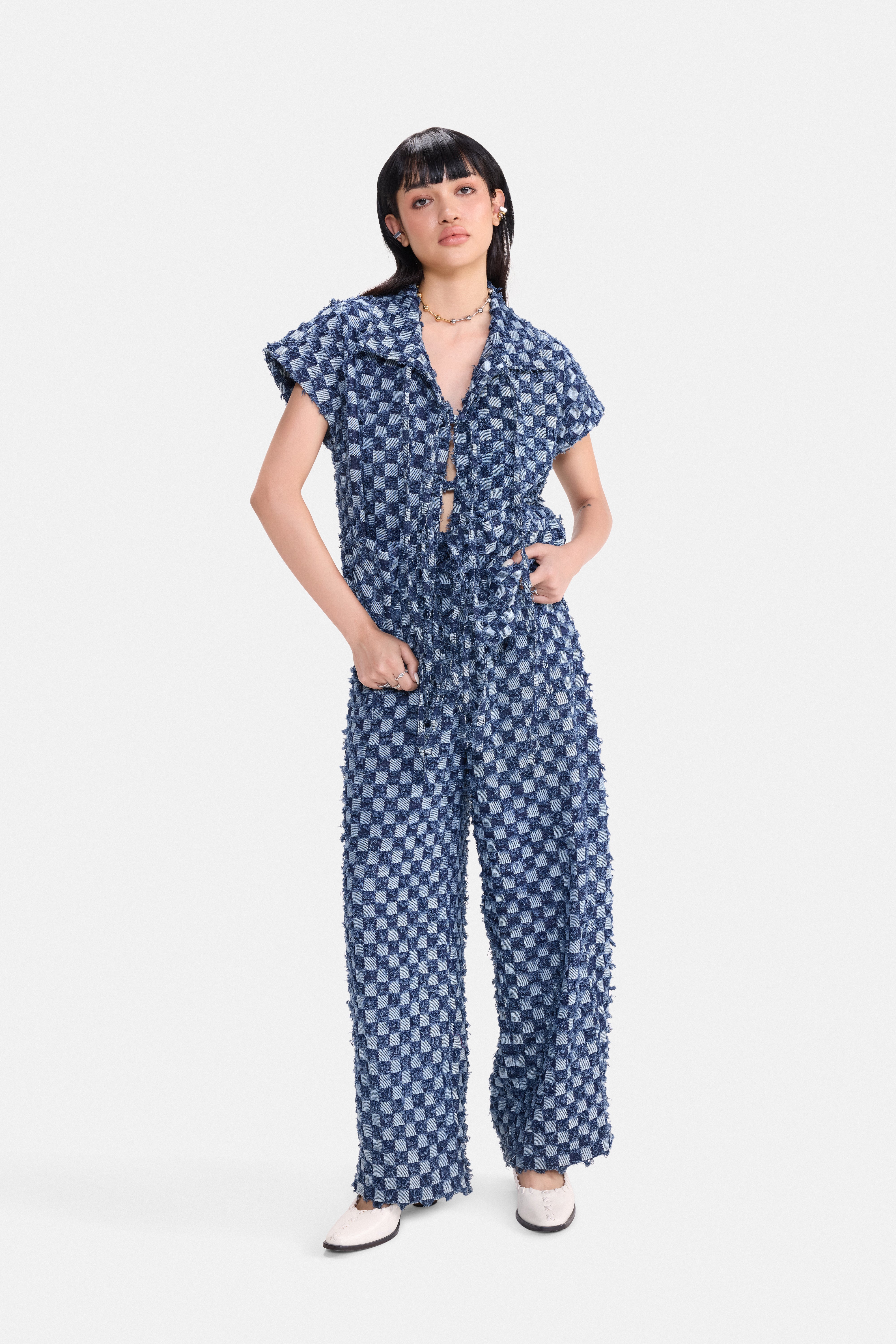 CHECK MATE - Frayed Checkerboard Denim Pants