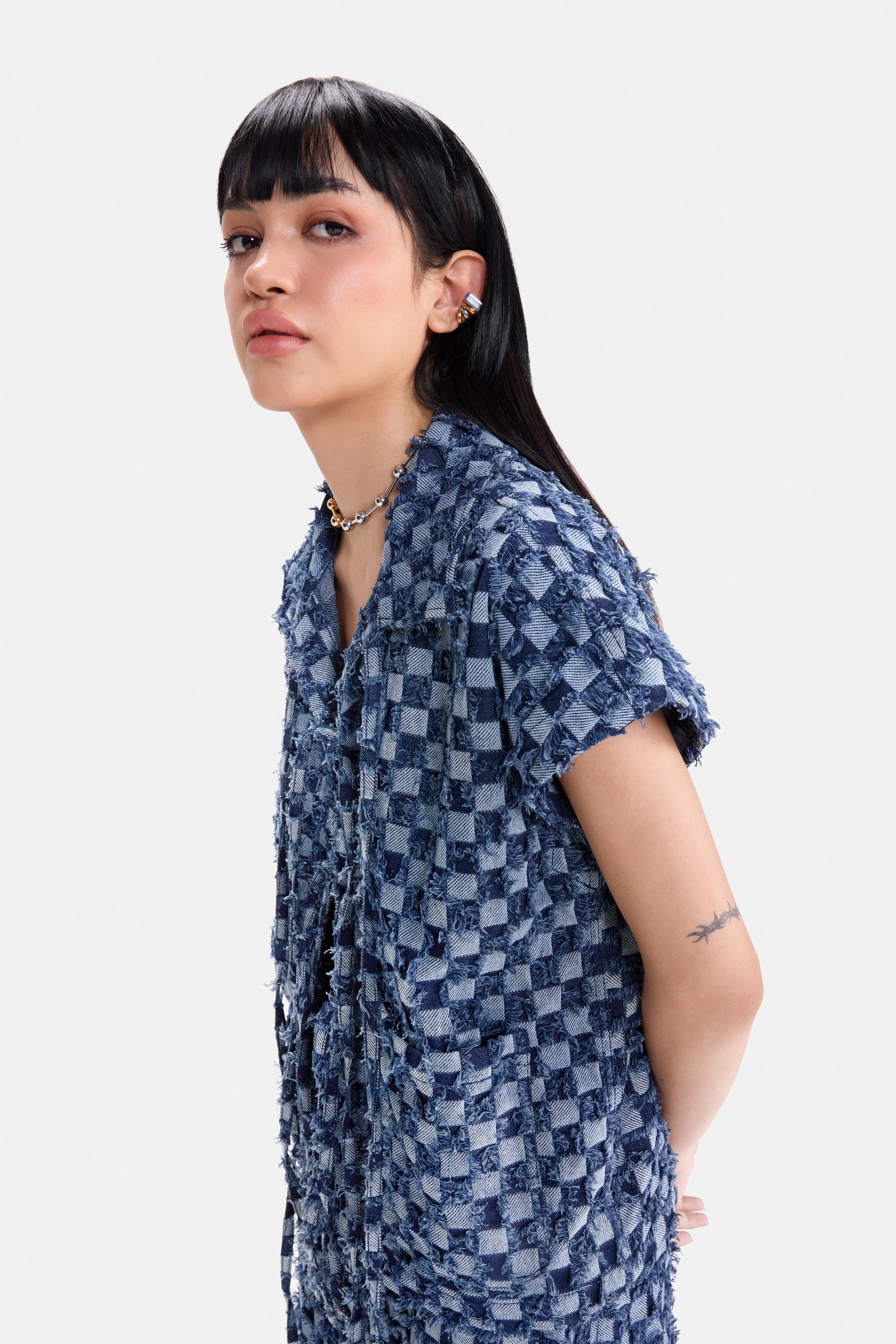 CHECK MATE - Frayed Checkerboard Denim Gilet