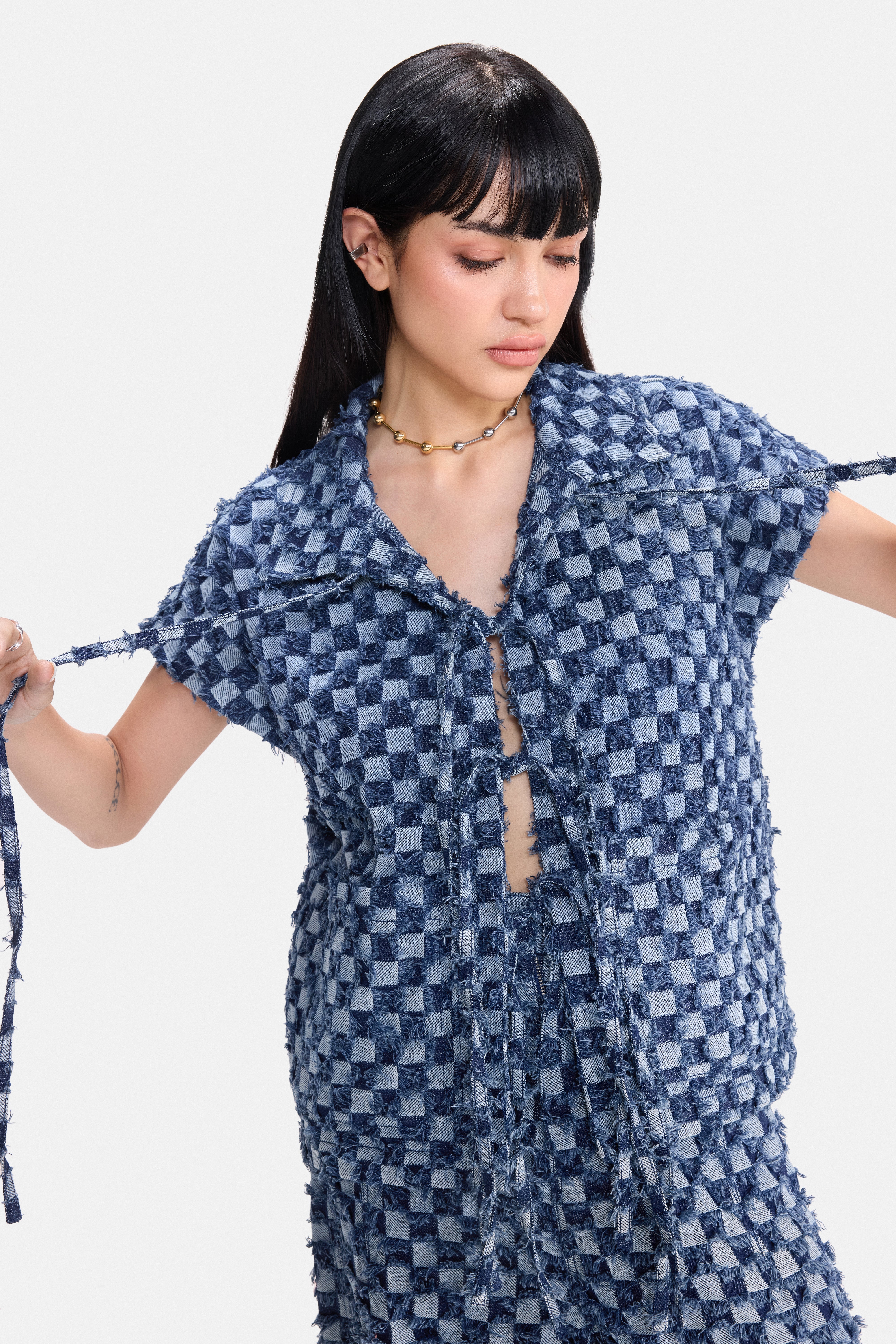 CHECK MATE - Frayed Checkerboard Denim Gilet