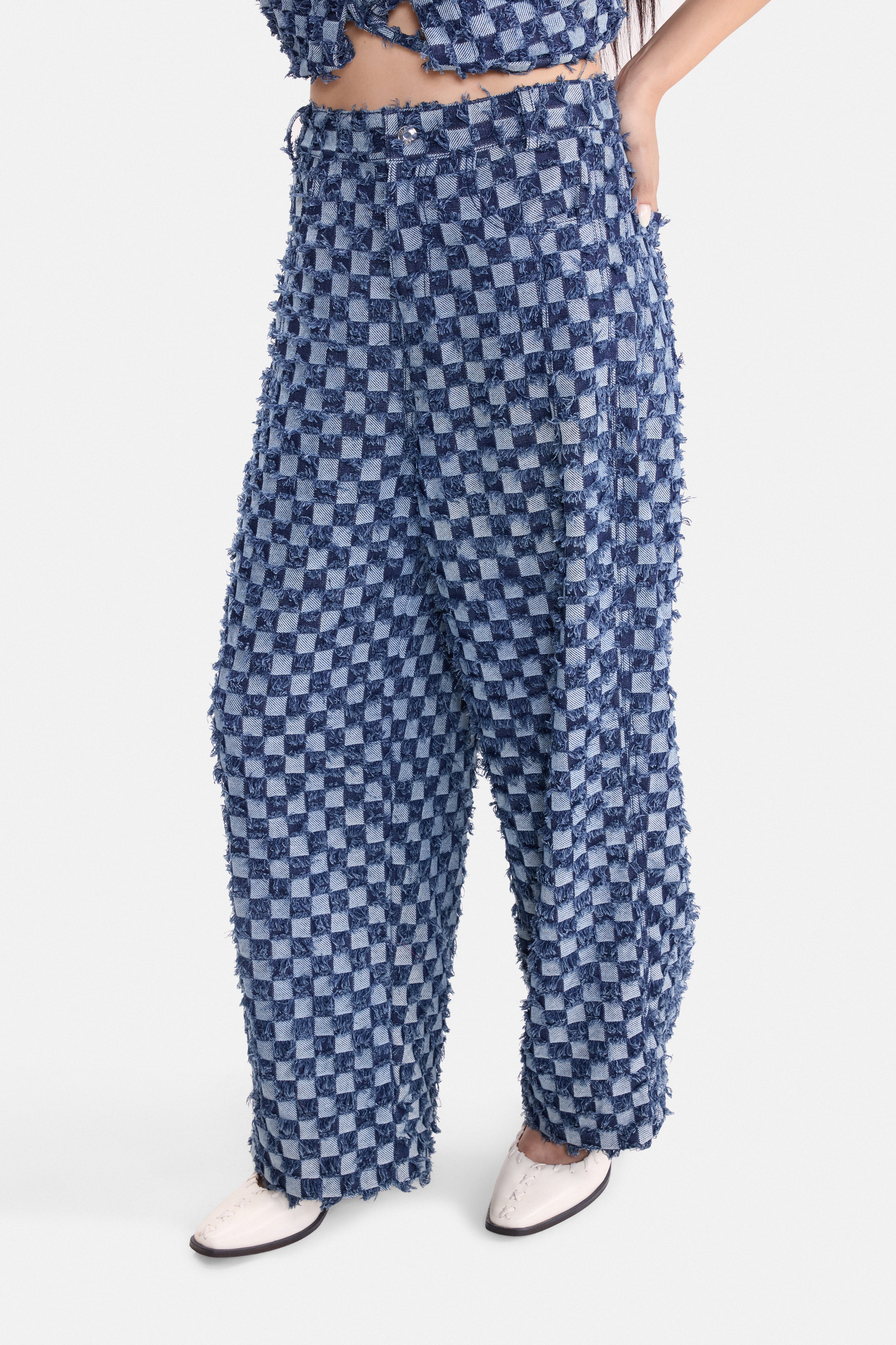 CHECK MATE - Frayed Checkerboard Denim Pants