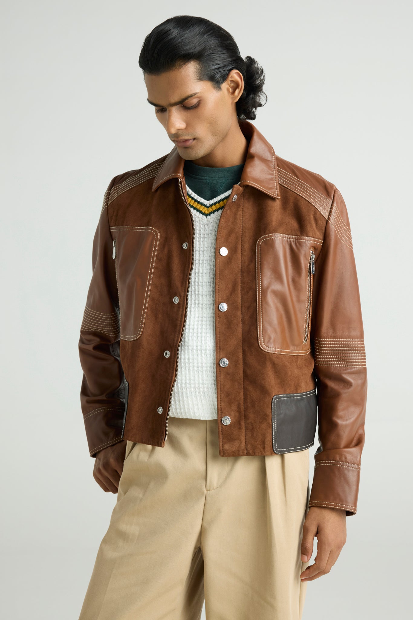 FUSE - Panelled Leather & Suede Trucker Jacket