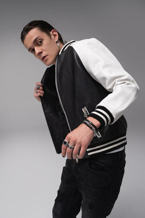 Eros - Leather Varsity Jacket - Black & White