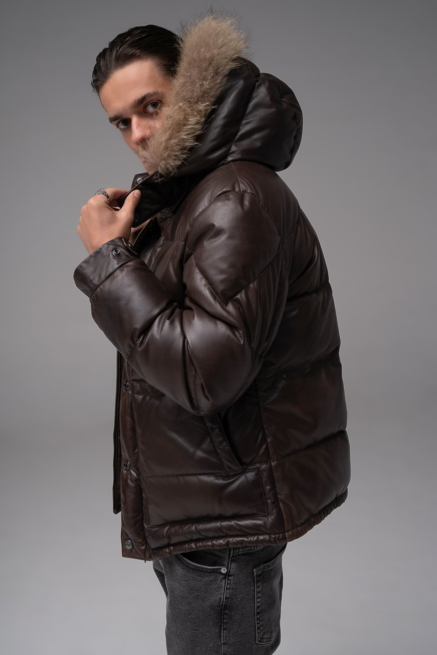 Troy - Leather Hooded Puffer Jacket - Chocolate Brown