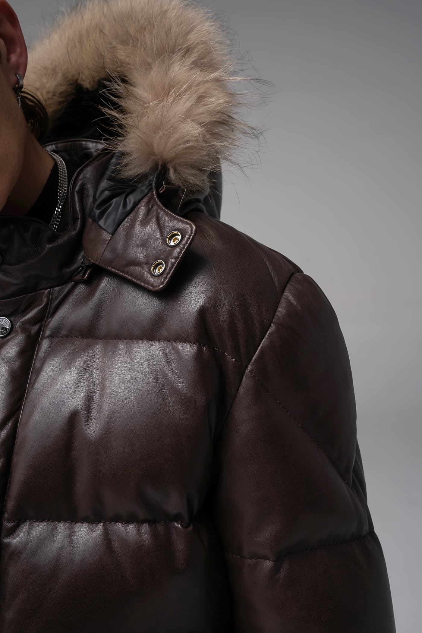 Troy - Leather Hooded Puffer Jacket - Chocolate Brown