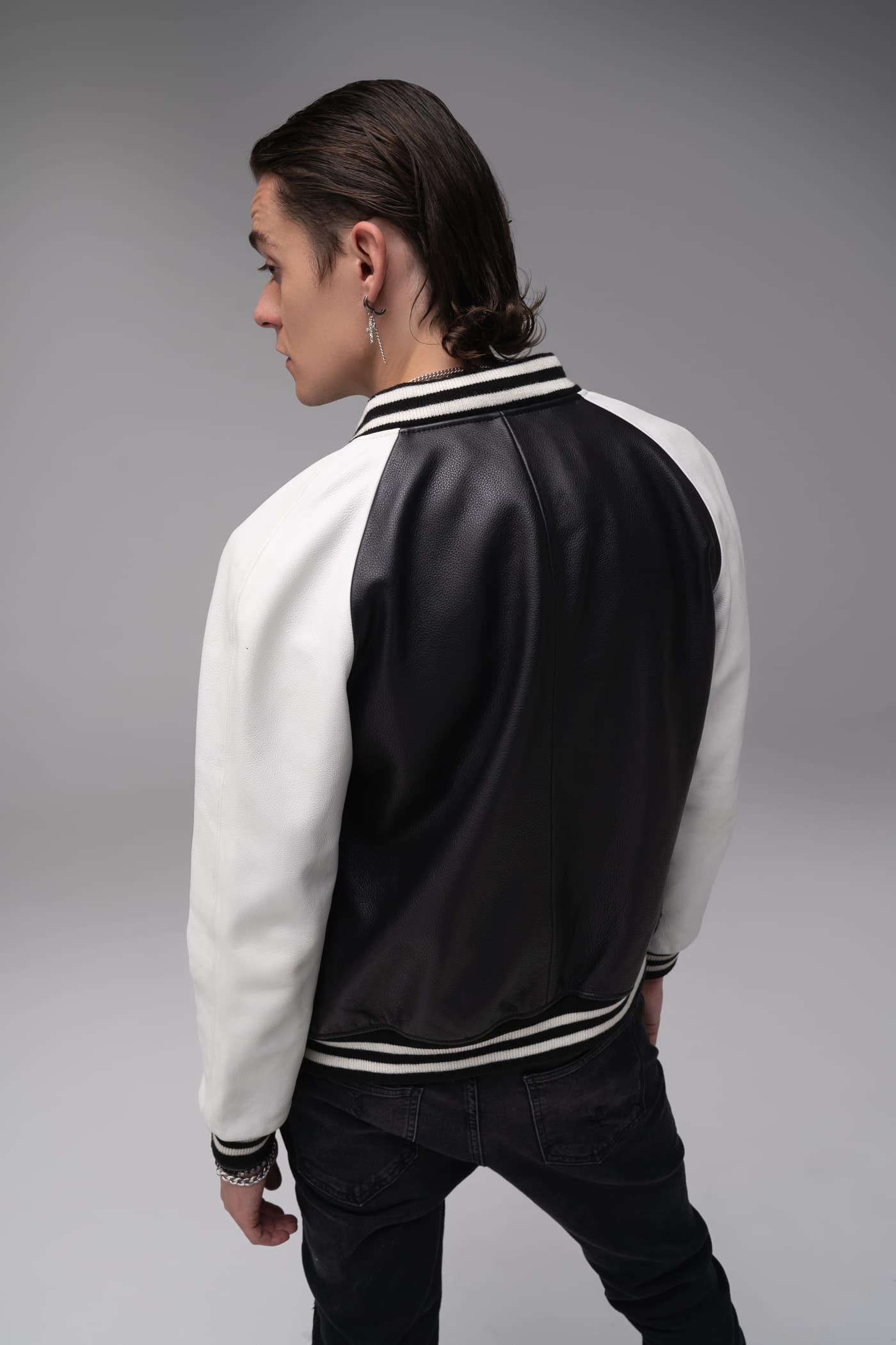 Eros - Leather Varsity Jacket - Black & White