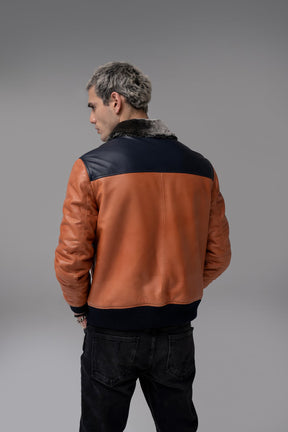 Zeus - Leather Fur Collar Jacket - Orange & Navy
