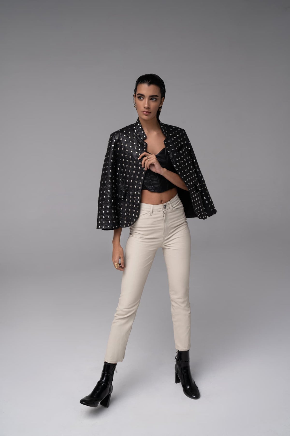 Lida - Leather Studded Blazer - Black