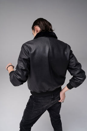 Orion - Leather Bomber Fur Collar Jacket - Black