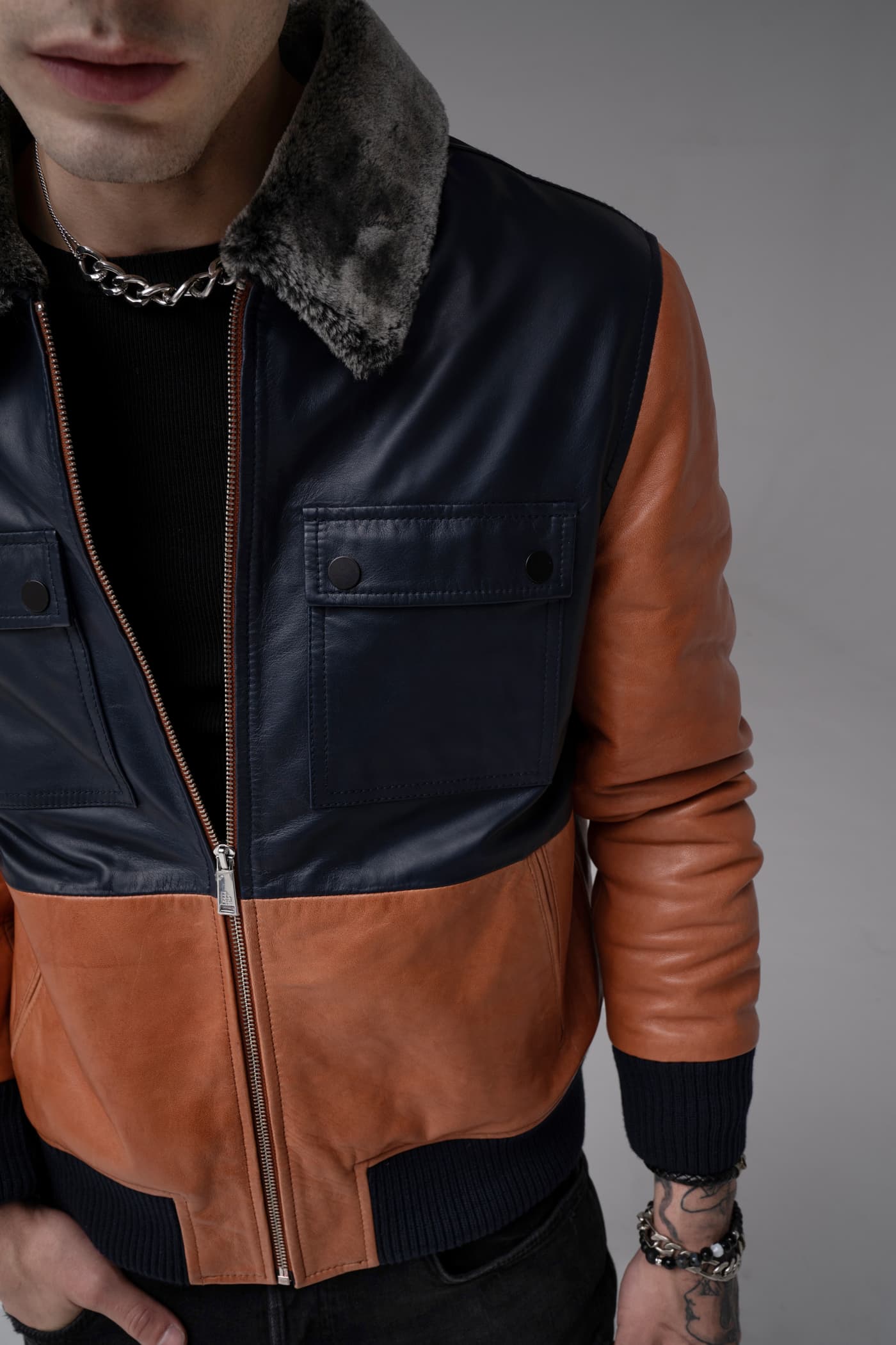 Zeus - Leather Fur Collar Jacket - Orange & Navy