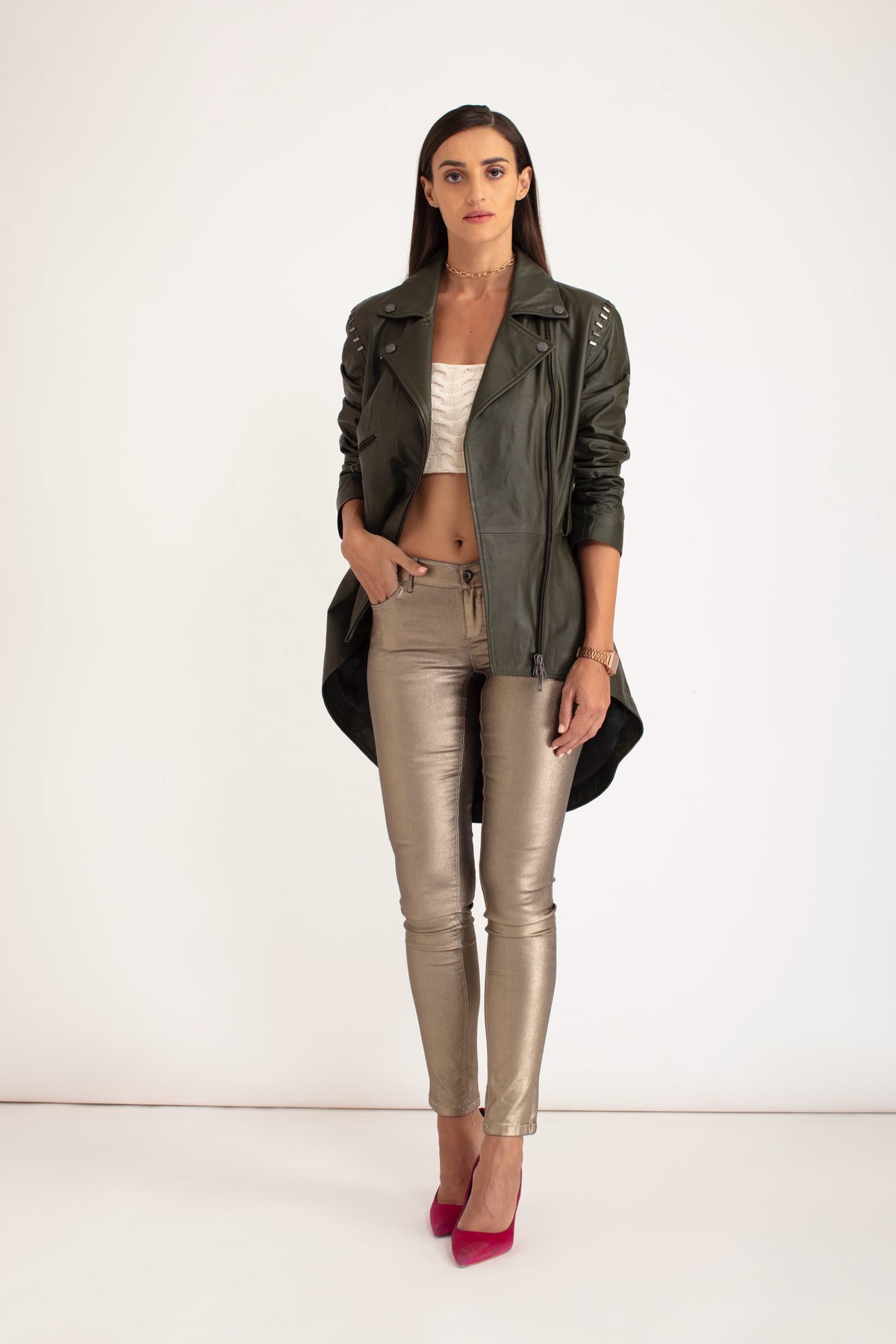 Zen - Leather Biker Jacket - Khaki