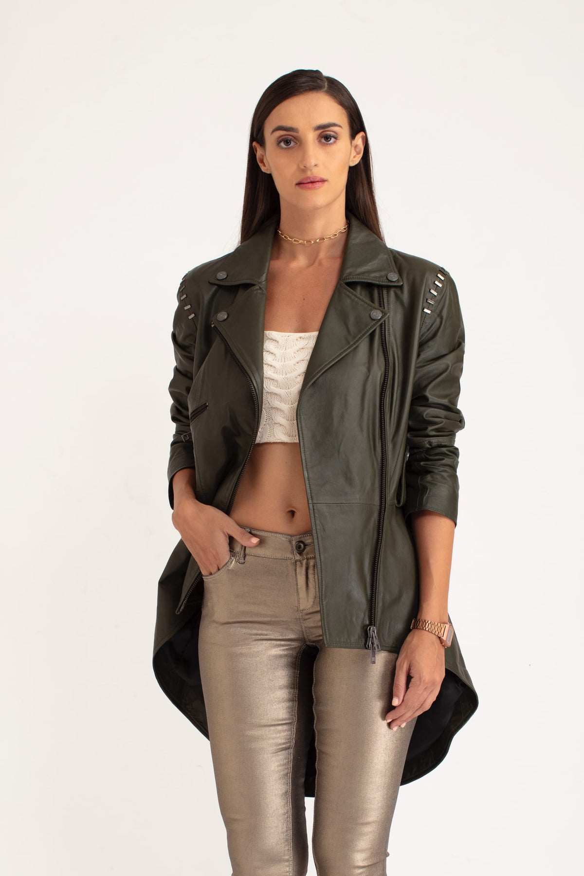 Zen - Leather Biker Jacket - Khaki