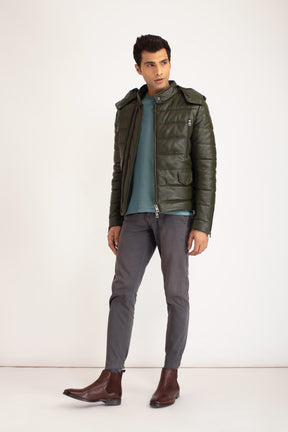 Cato - Leather Puffer Jacket - Dark Olive