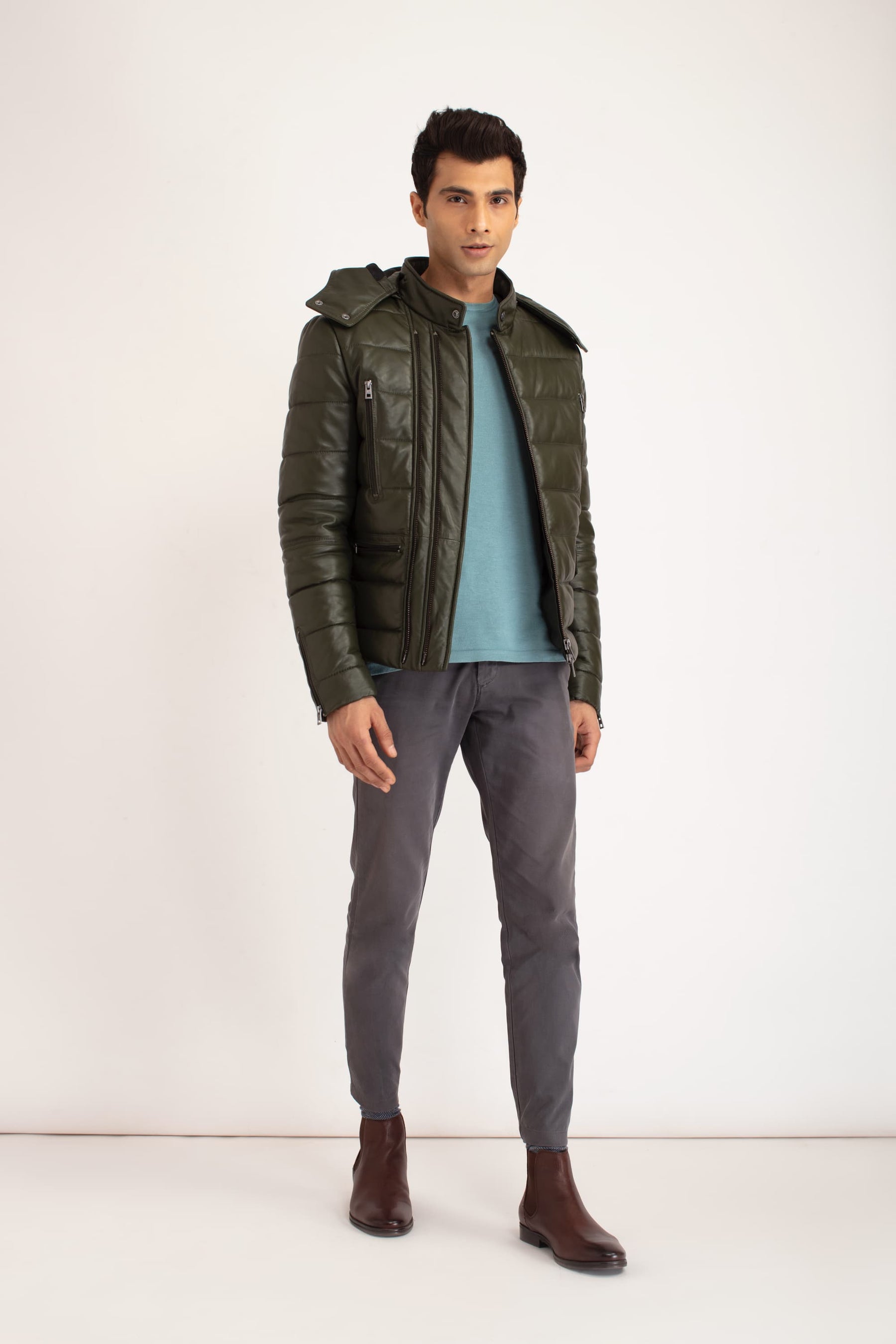 Cato - Leather Puffer Jacket - Dark Olive