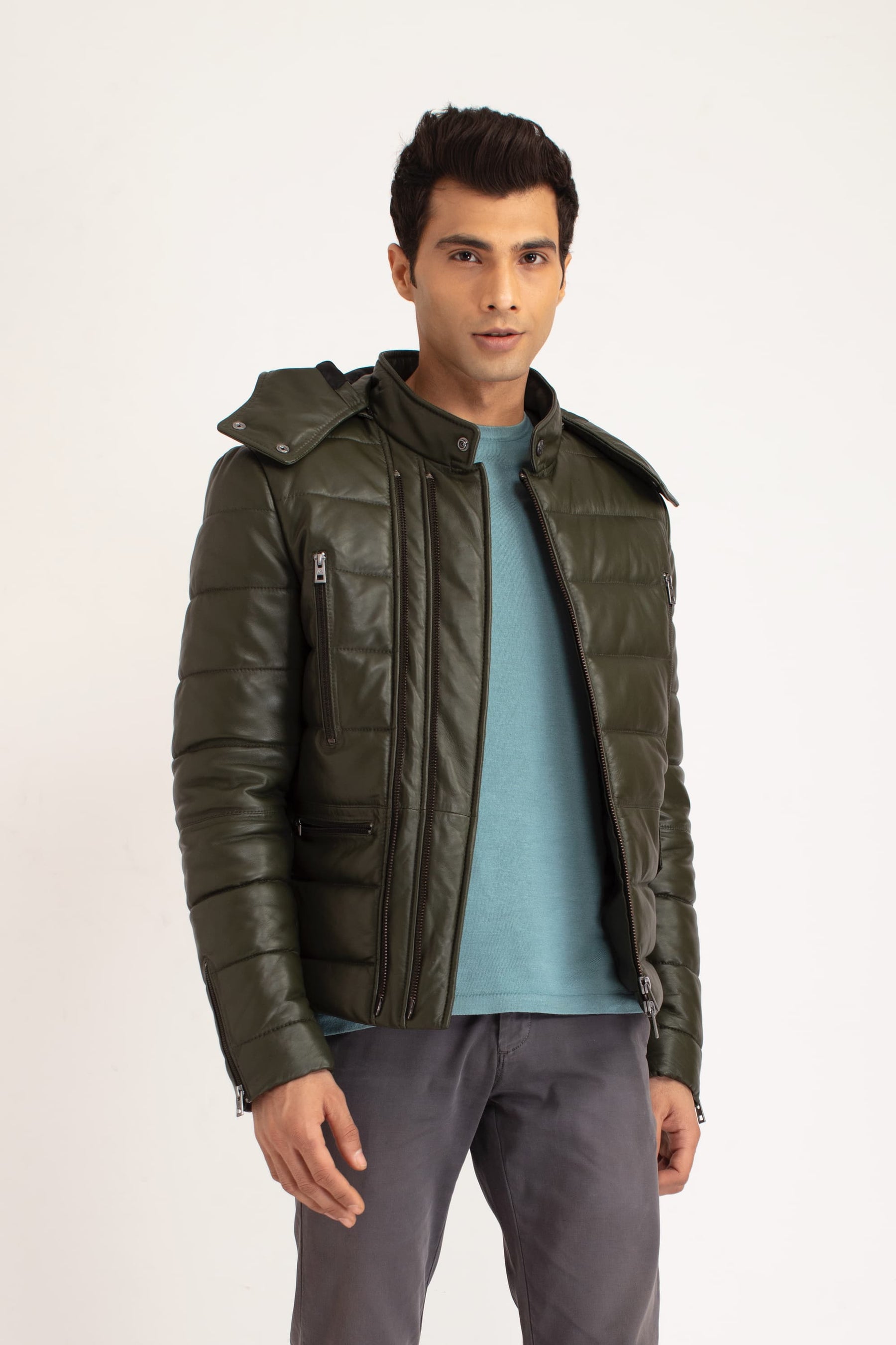 Cato - Leather Puffer Jacket - Dark Olive