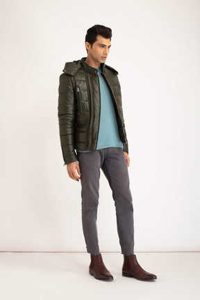 Cato - Leather Puffer Jacket - Dark Olive