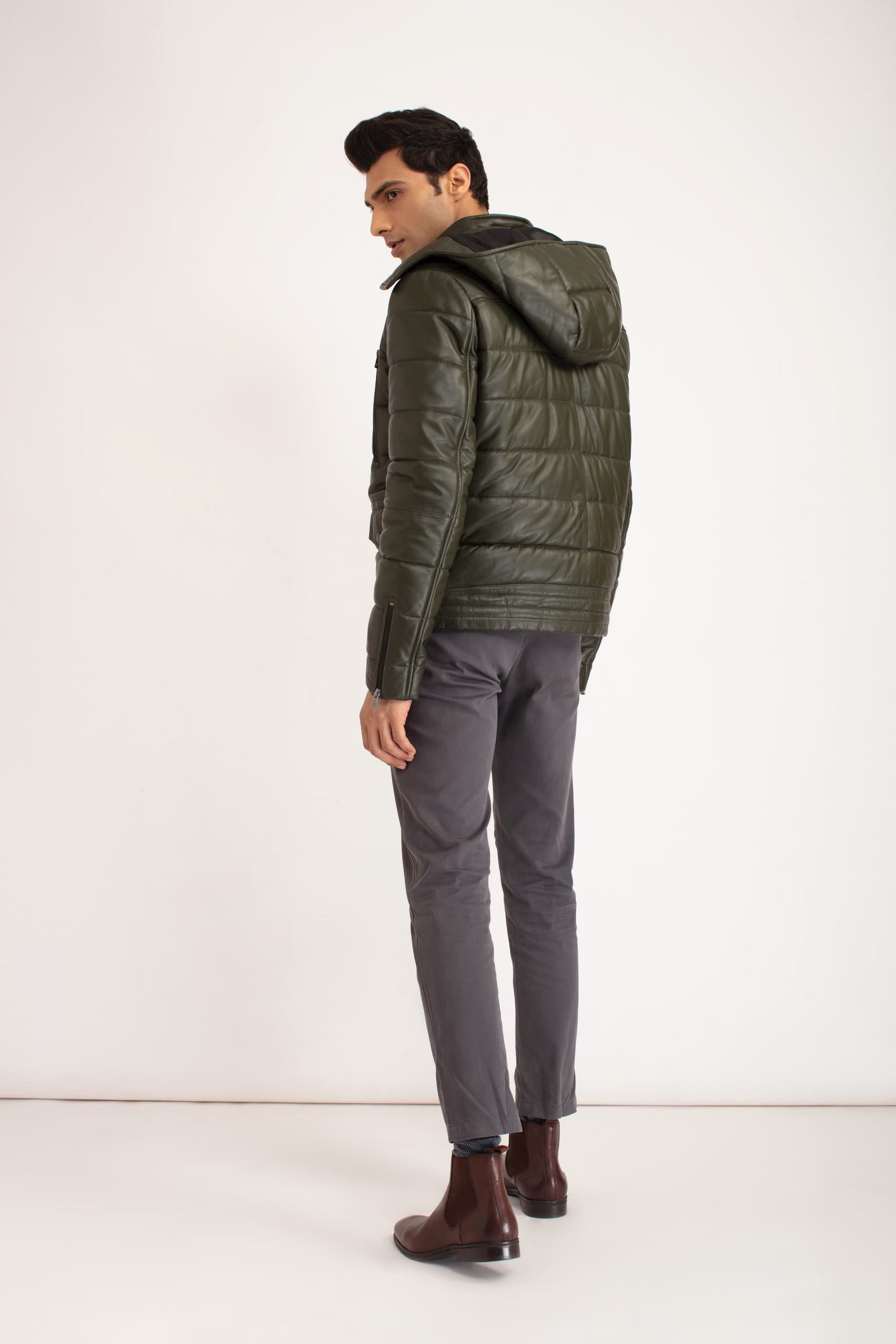 Cato - Leather Puffer Jacket - Dark Olive