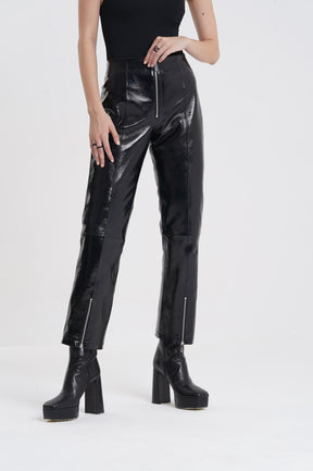 Felicia - Foiled Metallic Leather Pants - Black