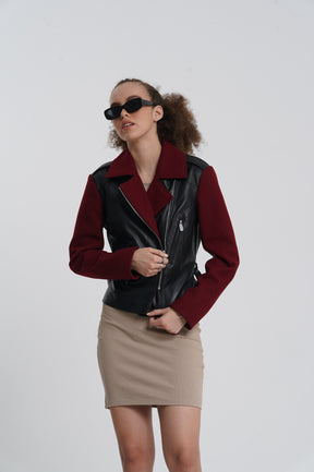 Frida - Leather Biker Jacket - Burgundy & Black