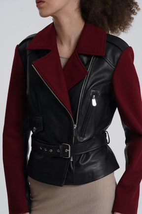 Frida - Leather Biker Jacket - Burgundy & Black