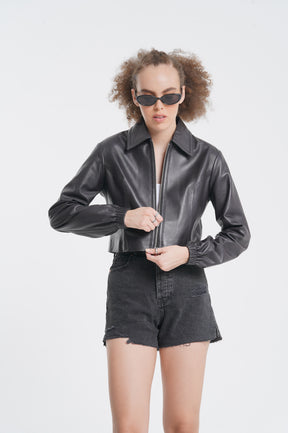 Liv - Cropped Leather Jacket - Black