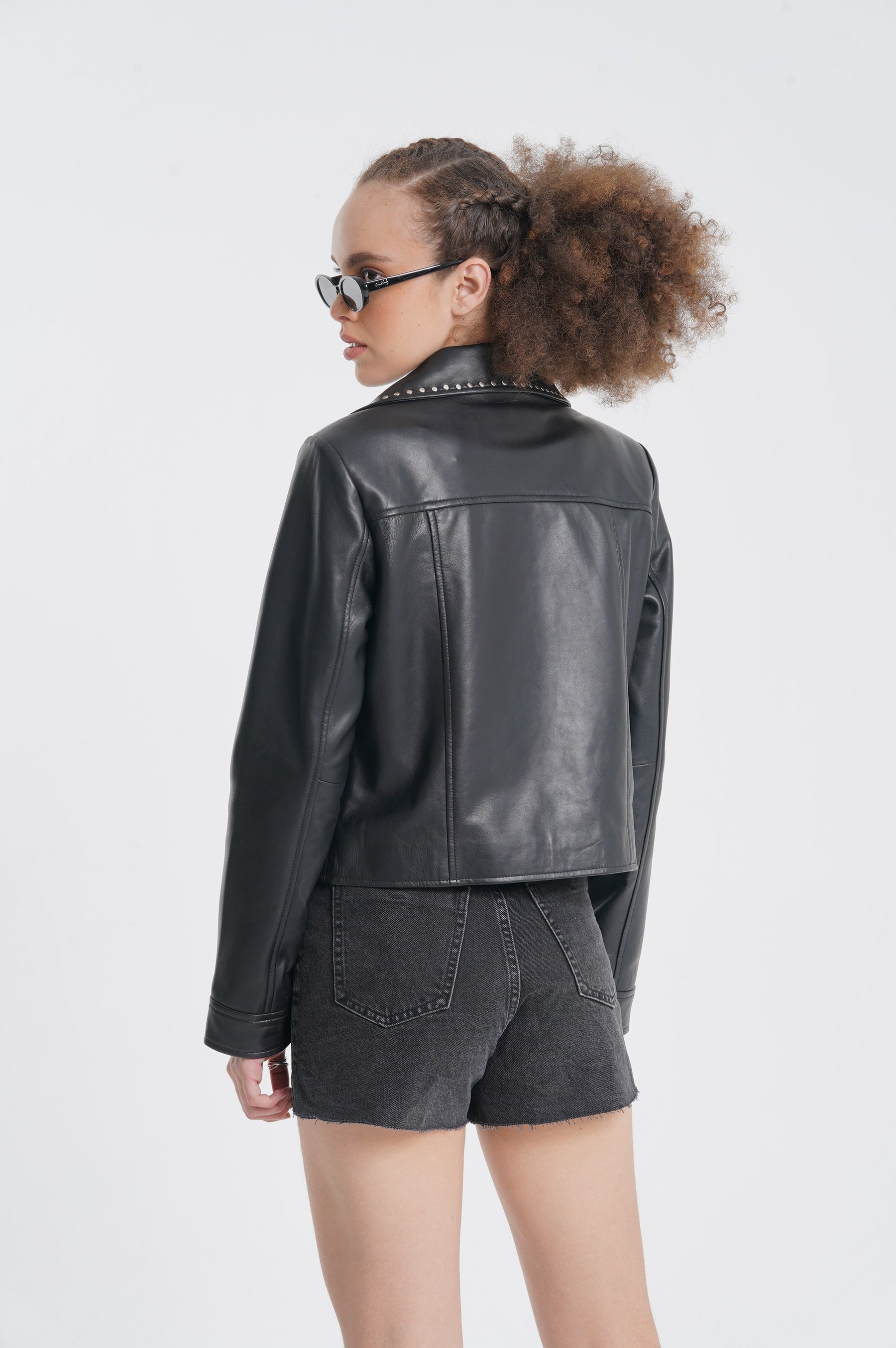 Astrid - Studded Leather Biker Jacket - Black