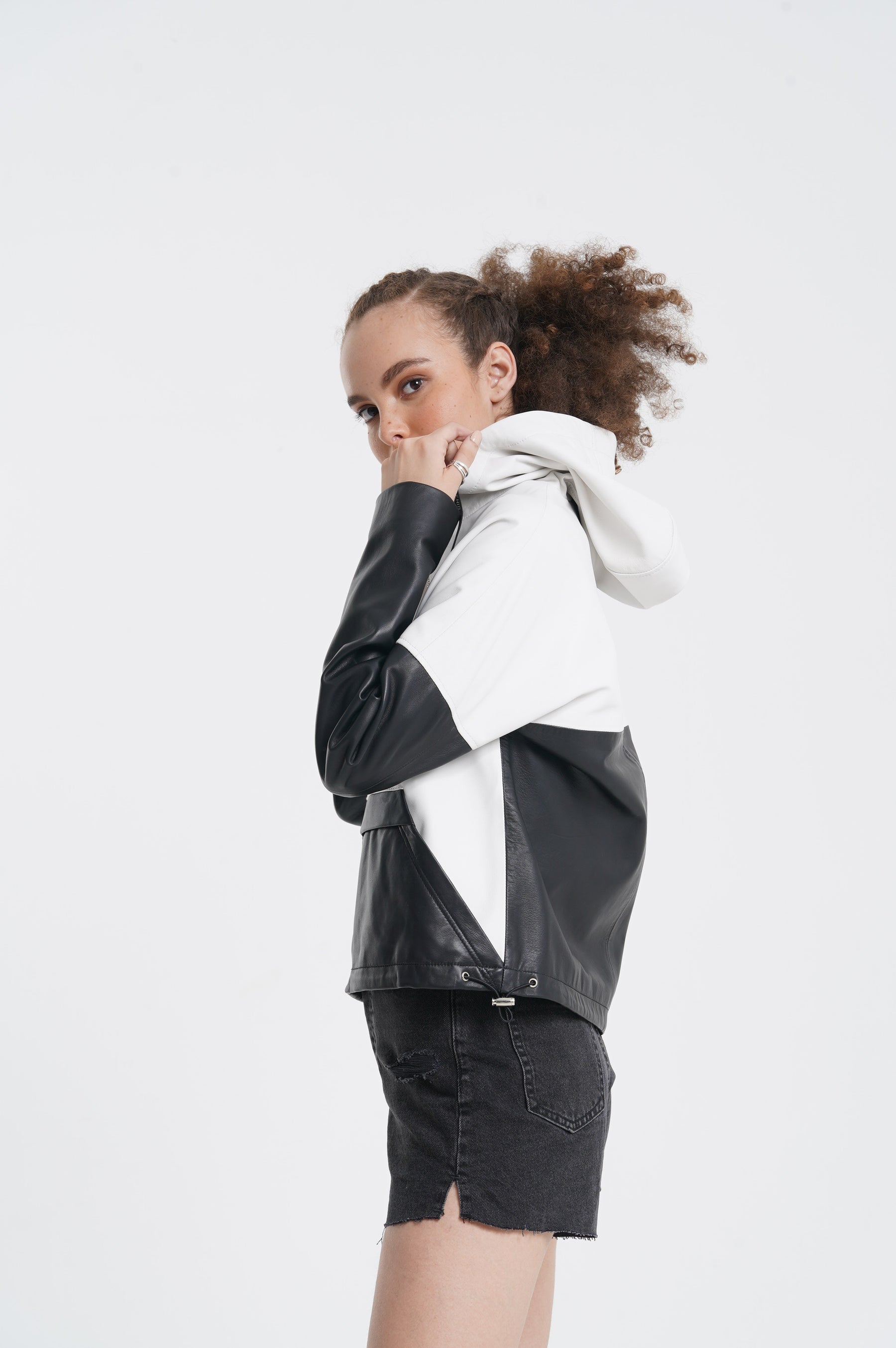 Juno - Hooded Leather Jacket - Black & White