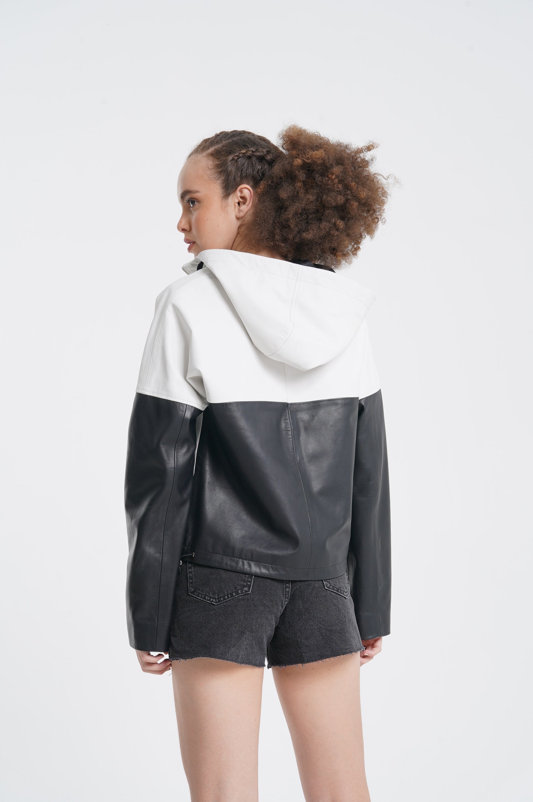Juno - Hooded Leather Jacket - Black & White