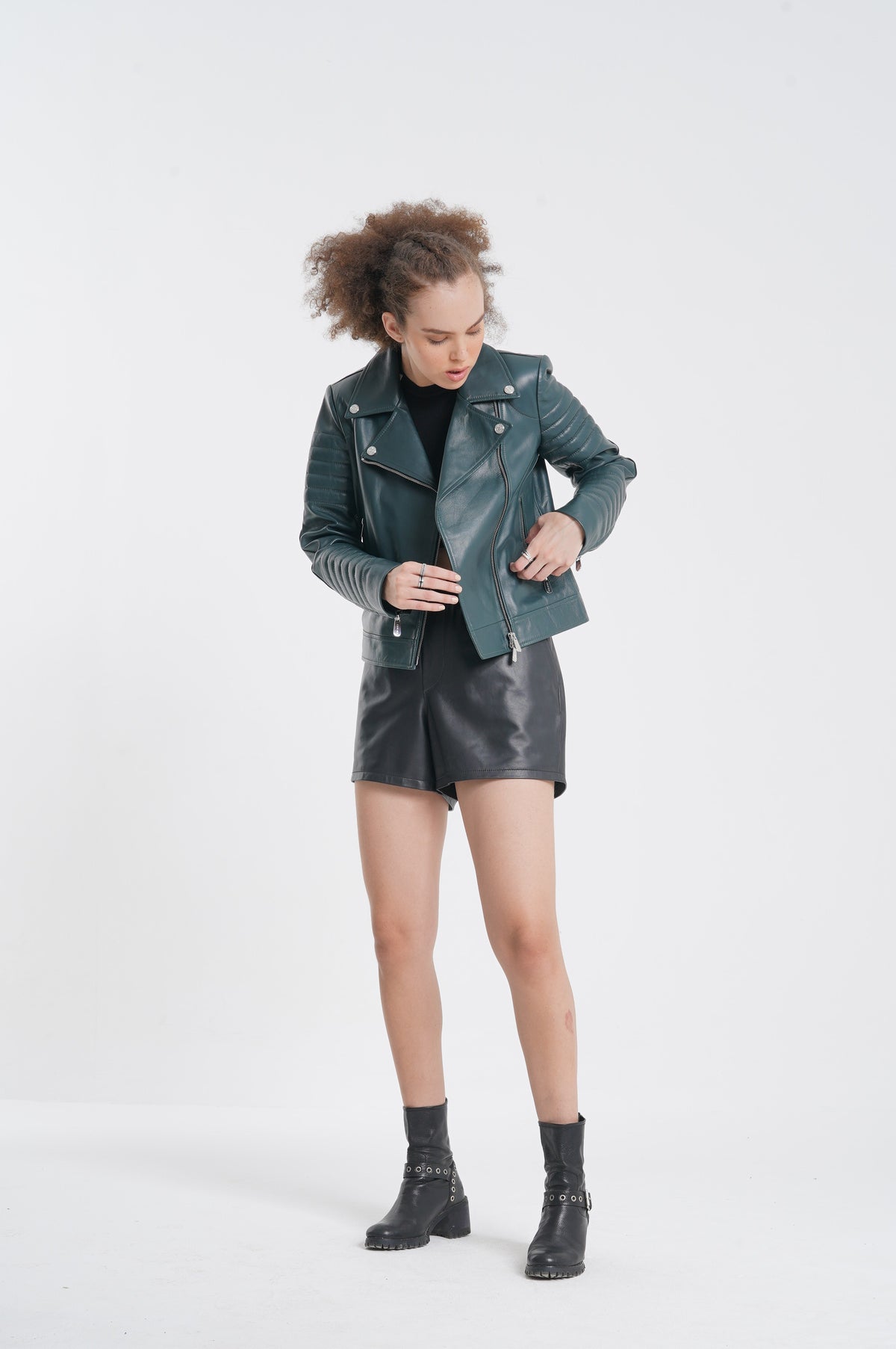 Beocca - Leather Biker Jacket - Peacock Green