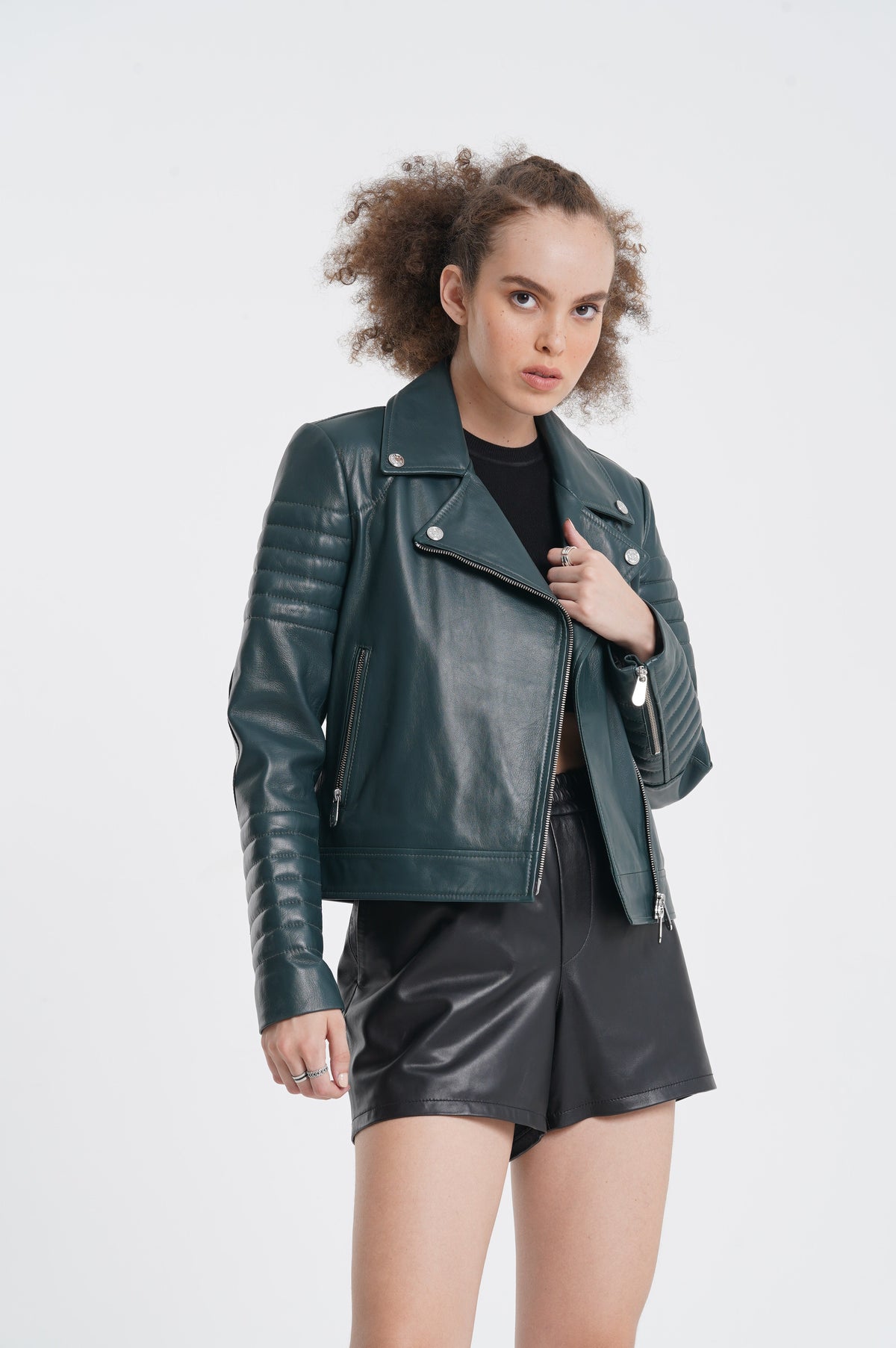 Beocca - Leather Biker Jacket - Peacock Green