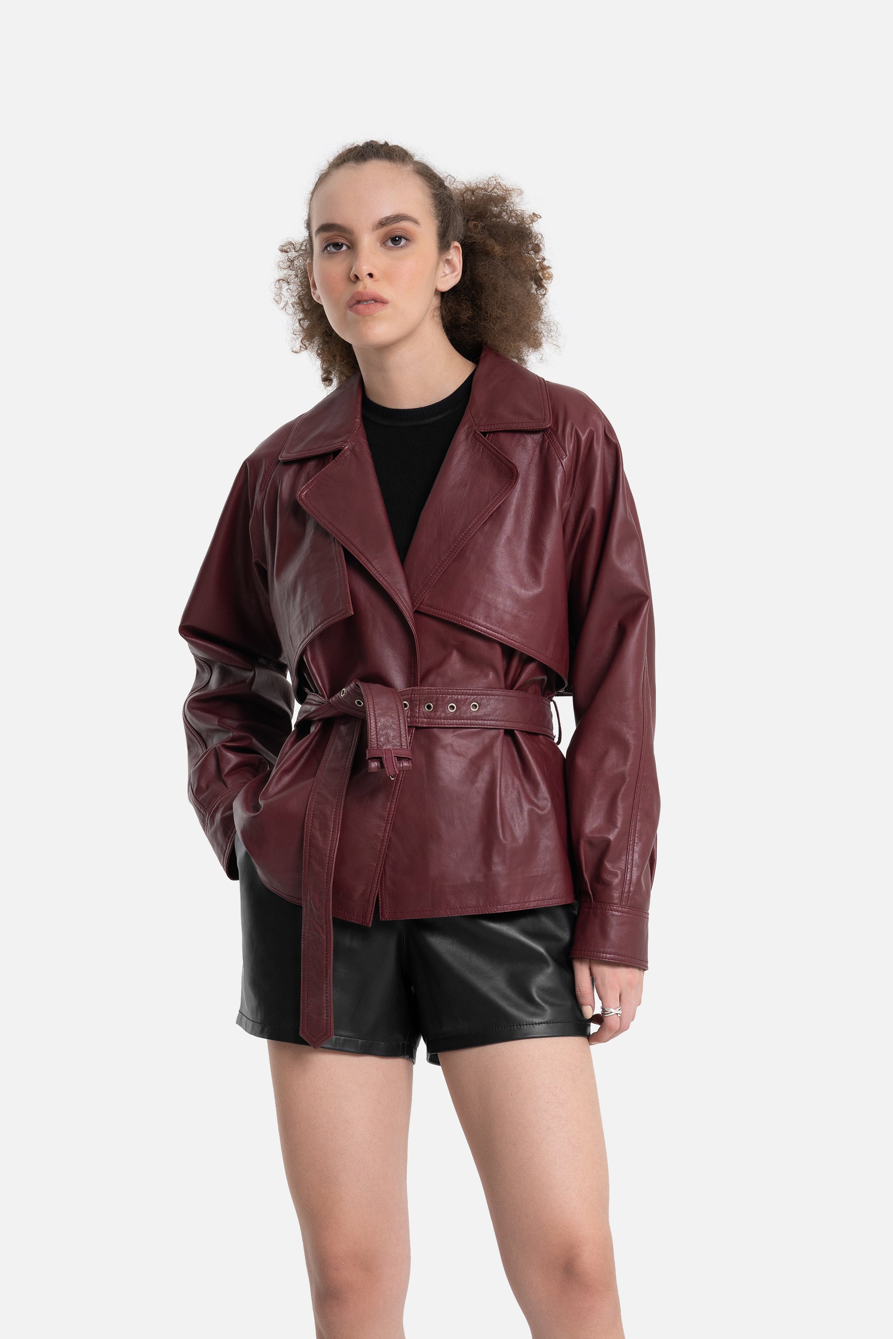 Helga - Leather Wrap Shirt - Wine