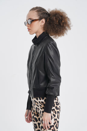 Amilia - Leather High Collar Jacket - Black