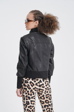 Amilia - Leather High Collar Jacket - Black