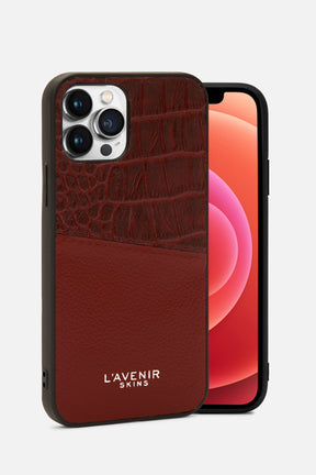 Iphone Case - Dual Tone Stitched - Red & Potting Soil Croco