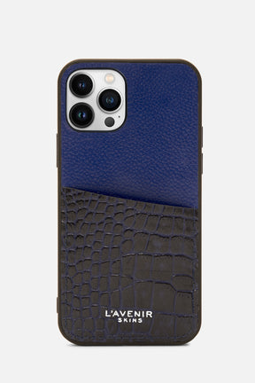 Iphone Case - Card Pocket - Boeing Blue & Navy Croco Print