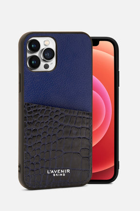 Iphone Case - Card Pocket - Boeing Blue & Navy Croco Print