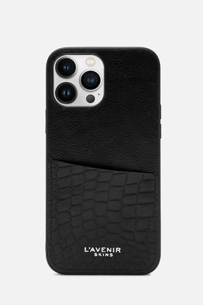 Iphone Case - Card Pocket - Black & Black Croco Print