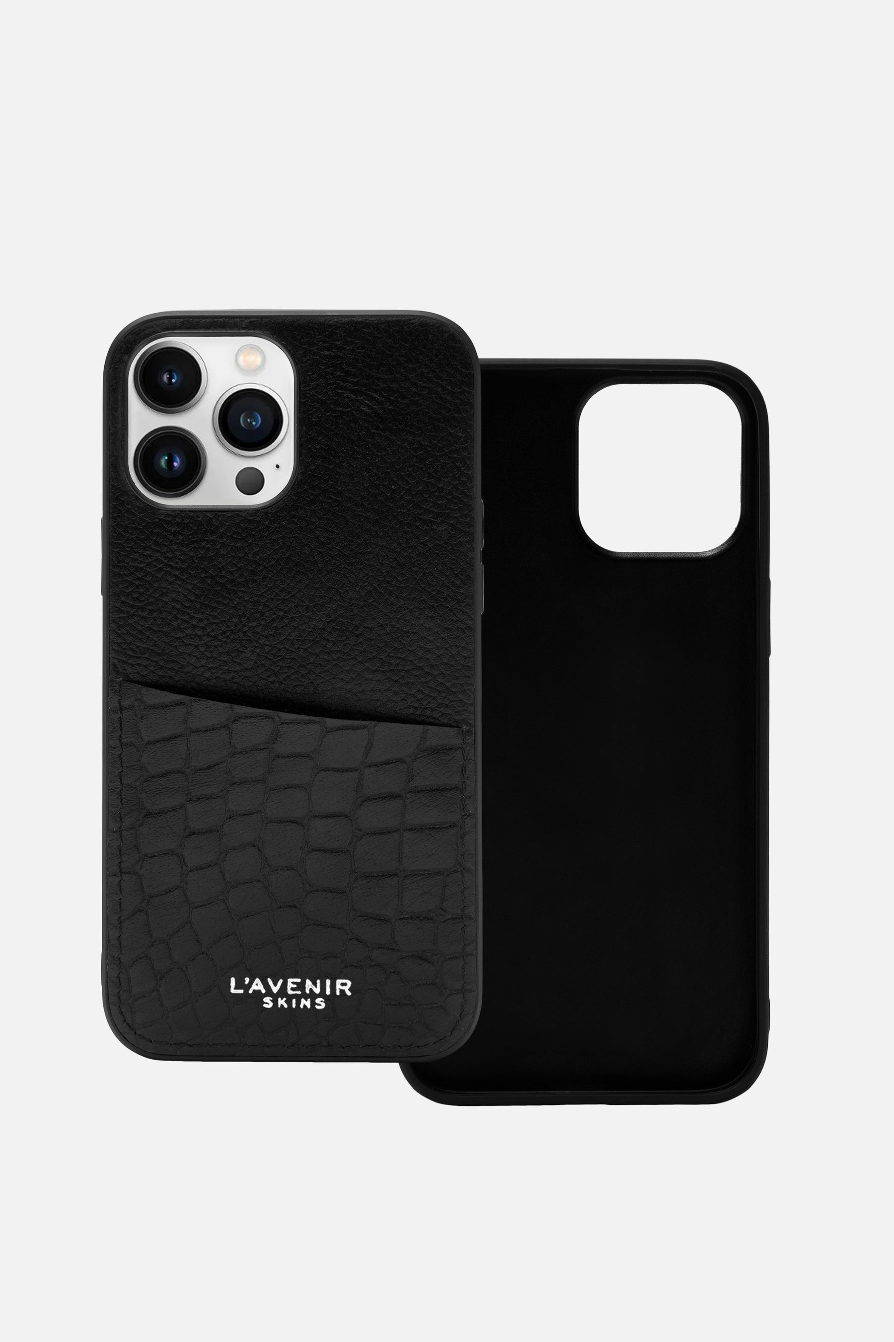 Iphone Case - Card Pocket - Black & Black Croco Print