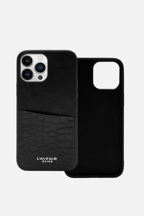 Iphone Case - Card Pocket - Black & Black Croco Print