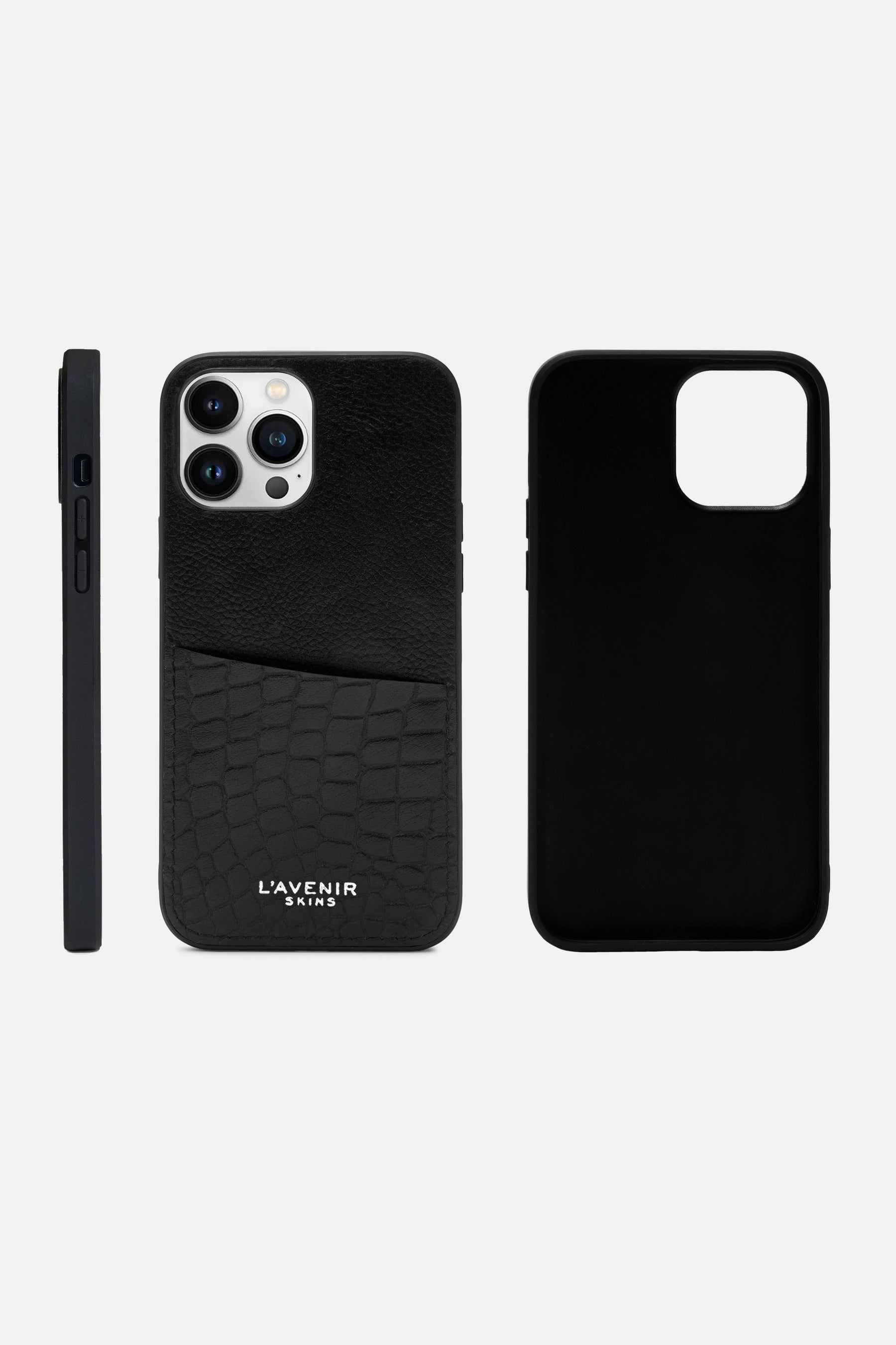 Iphone Case - Card Pocket - Black & Black Croco Print
